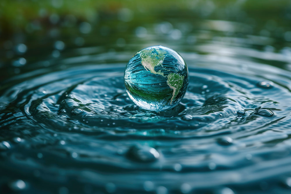 WasseroberflÃ¤che mit Wassertropfen, welcher die Erde darstellt
