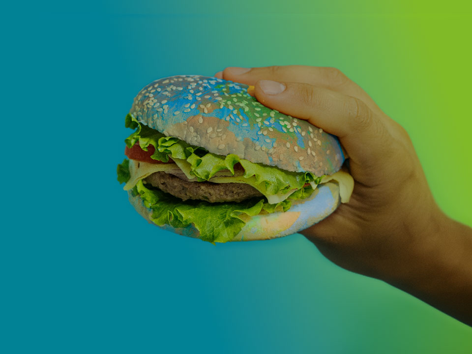 Hamburger, der wie die Erde gestaltet ist, mit Kontinenten auf dem Brötchen